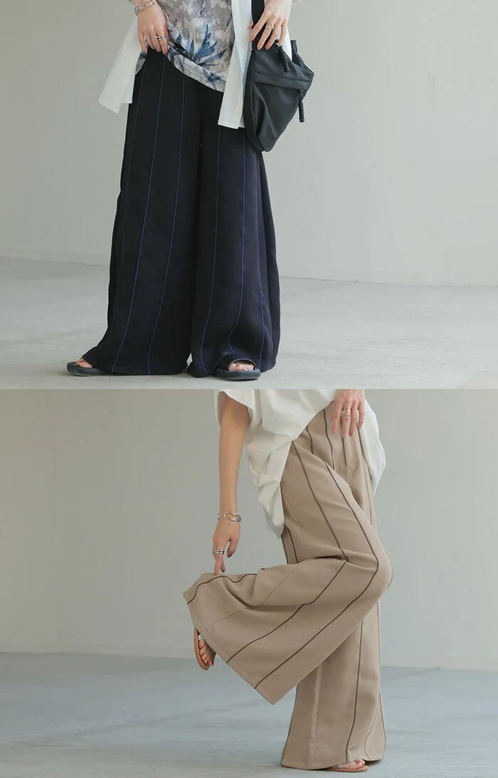 パンツ ワイド ラインパンツ レディース ライン パイピング ワイドパンツ ロング ロングパンツ 体型カバー ボトムス ボトム ストレート ズボン ゆったり ハイウエスト ウエストゴム ゴム きれいめ 美脚 大きいサイズ 黒 グレージュ 春 夏 HUG.U - Image 19