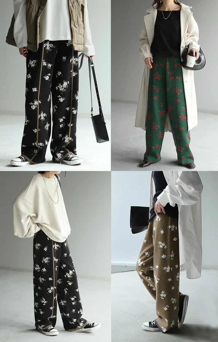 旬 顔 。「花柄 ニットパンツ」ジャガード ワイド レディース ワイドパンツ ニット 花 柄 フレア フレアパンツ レギパン ロング ストレッチ ボトム 柄パンツ 脚長 美脚 ゆったり ボトムス ずぼん ズボン 春 夏 ゴム グリーン 黒 きれいめ HUG.U - Image 23