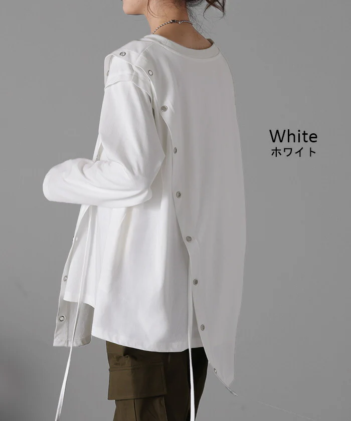 一目置かれる「変形 デザイン。」 アシメ ロンT レディース カットソー ティーシャツ 無地 長袖 Tシャツ ロング チュニック ビッグ ドルマン 大きいサイズ きれいめ ゆる トップス 紐 Uネック 長い 体型カバー 大人 お洒落 黒 白 春 夏 HUG.U - Image 14