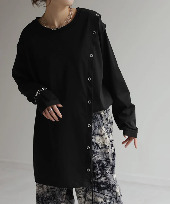 一目置かれる「変形 デザイン。」 アシメ ロンT レディース カットソー ティーシャツ 無地 長袖 Tシャツ ロング チュニック ビッグ ドルマン 大きいサイズ きれいめ ゆる トップス 紐 Uネック 長い 体型カバー 大人 お洒落 黒 白 春 夏 HUG.U - Image 27