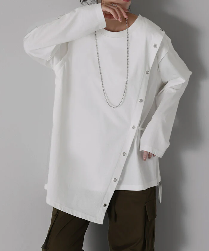 一目置かれる「変形 デザイン。」 アシメ ロンT レディース カットソー ティーシャツ 無地 長袖 Tシャツ ロング チュニック ビッグ ドルマン 大きいサイズ きれいめ ゆる トップス 紐 Uネック 長い 体型カバー 大人 お洒落 黒 白 春 夏 HUG.U - Image 5