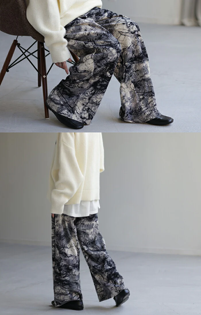 切れる 「アート柄 リブパンツ」 セルフカット プリーツ ワイドパンツ レディース ボトムス パンツ リブ カットオフ フリーカット 高身長 カット ゴム イージーパンツ プリーツパンツ 大きいサイズ 楽 体型カバー フレアパンツ 春 夏 HUG.U - Image 10