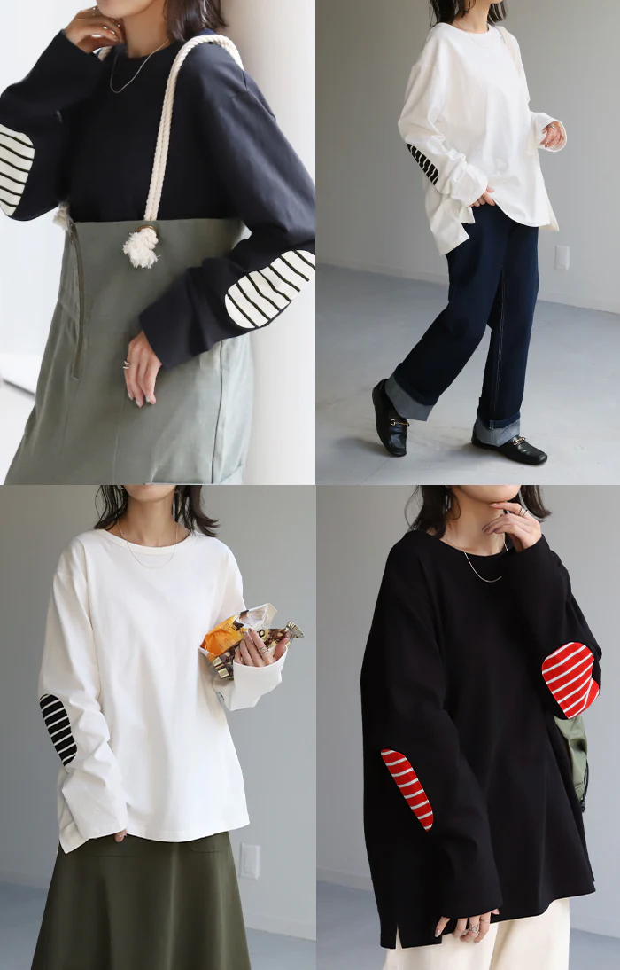 『 ボーダー 肘パッチ 』 ロンT レディース カットソー ティーシャツ 無地 長袖 Tシャツ ロング チュニック ビッグ ドルマン 大きいサイズ 綿100 ゆる トップス ドルマン クルーネック ボーダー 長い 体型カバー 大人 お洒落 黒 白 春 夏 HUG.U - Image 23