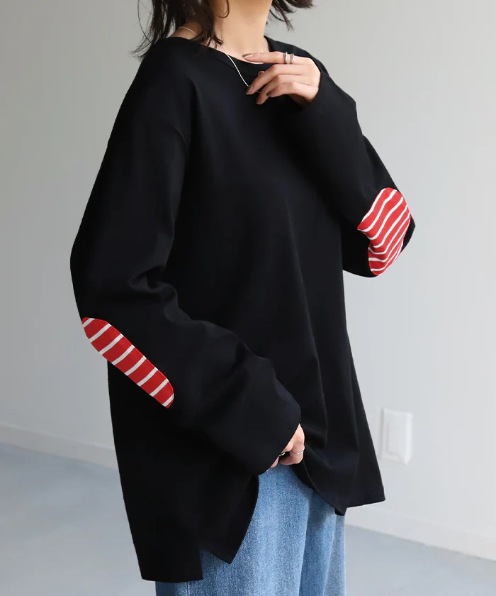 『 ボーダー 肘パッチ 』 ロンT レディース カットソー ティーシャツ 無地 長袖 Tシャツ ロング チュニック ビッグ ドルマン 大きいサイズ 綿100 ゆる トップス ドルマン クルーネック ボーダー 長い 体型カバー 大人 お洒落 黒 白 春 夏 HUG.U - Image 26