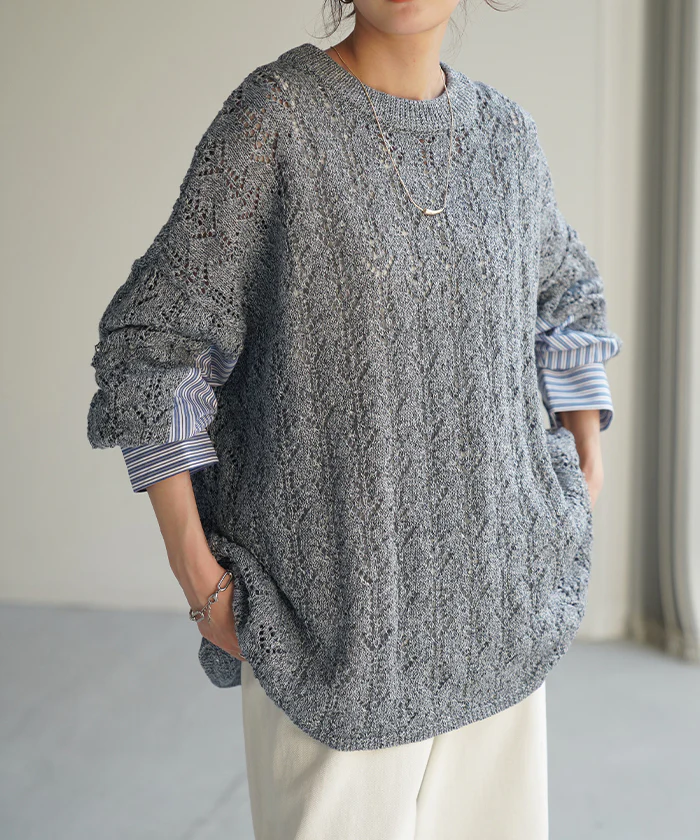 シャツ トップス 透かし編み レディース ロング ニット ブラウス メッシュ 模様 無地 体型カバー ストライプシャツ ストライプ ドルマン ゆったり 長袖 Uネック ドッキング 大きいサイズ お尻が隠れる 黒 白 グレー グリーン 春 夏 HUG.U - Image 21