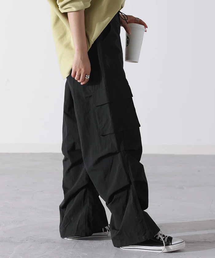 パンツ 裾2way パラシュートパンツ レディース カーゴパンツ ワイドパンツ ワイド カーゴ サーカスパンツ タックパンツ ゆったり ジョガーパンツ カーブパンツ ボトムス ミリタリー ドロスト ロング ズボン ボトム 体型カバー カーキ 黒 春 夏 HUG.U - Image 21
