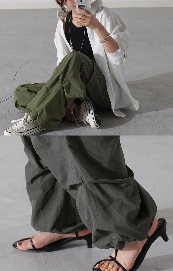パンツ 裾2way パラシュートパンツ レディース カーゴパンツ ワイドパンツ ワイド カーゴ サーカスパンツ タックパンツ ゆったり ジョガーパンツ カーブパンツ ボトムス ミリタリー ドロスト ロング ズボン ボトム 体型カバー カーキ 黒 春 夏 HUG.U - Image 6