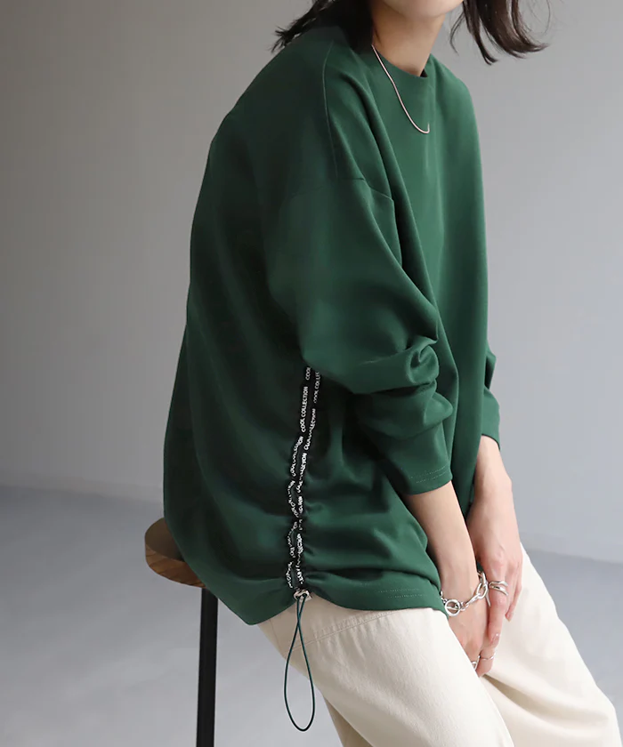 『 拘り。』 ドロスト ロンT レディース ロゴ カットソー ティーシャツ 無地 長袖 Tシャツ ロング チュニック ビッグ ロゴT 大きいサイズ 変形シルエット シャーリング きれいめ ゆる トップス 長い 体型カバー 大人 お洒落 グリーン 白 春 夏 HUG.U メール便 - Image 22