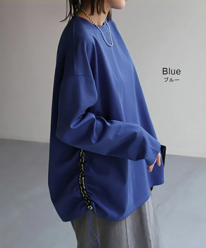 『 拘り。』 ドロスト ロンT レディース ロゴ カットソー ティーシャツ 無地 長袖 Tシャツ ロング チュニック ビッグ ロゴT 大きいサイズ 変形シルエット シャーリング きれいめ ゆる トップス 長い 体型カバー 大人 お洒落 グリーン 白 春 夏 HUG.U メール便 - Image 3