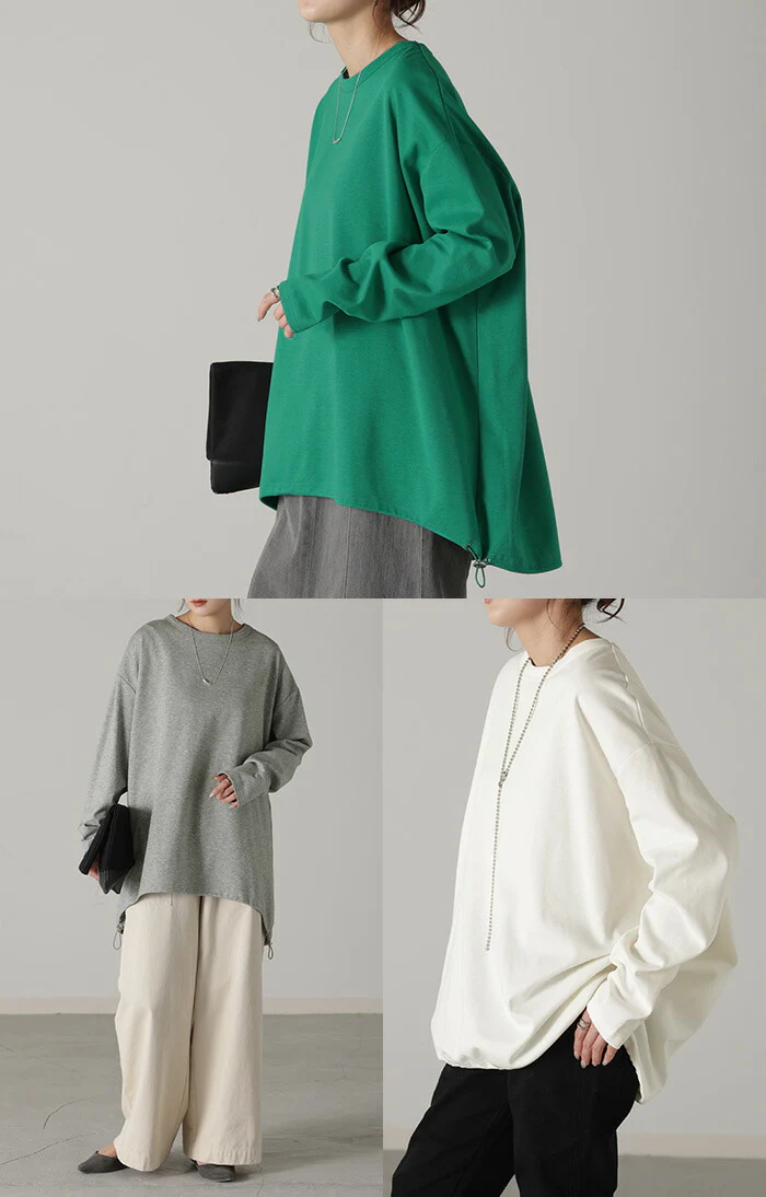 “ちょっとした” 拘り。 ドロスト ロンT オーバーサイズ レディース カットソー ティーシャツ 無地 長袖 Tシャツ ロング チュニック ビッグ 大きいサイズ シャーリング ゆる 変形 トップス 長い 体型カバー 大人 お洒落 グリーン 白 黒 春 夏 HUG.U - Image 22