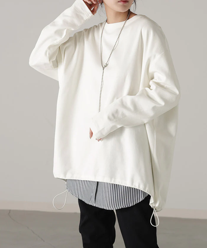 “ちょっとした” 拘り。 ドロスト ロンT オーバーサイズ レディース カットソー ティーシャツ 無地 長袖 Tシャツ ロング チュニック ビッグ 大きいサイズ シャーリング ゆる 変形 トップス 長い 体型カバー 大人 お洒落 グリーン 白 黒 春 夏 HUG.U - Image 26