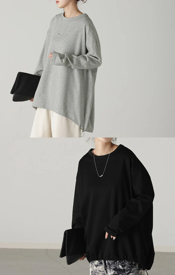 “ちょっとした” 拘り。 ドロスト ロンT オーバーサイズ レディース カットソー ティーシャツ 無地 長袖 Tシャツ ロング チュニック ビッグ 大きいサイズ シャーリング ゆる 変形 トップス 長い 体型カバー 大人 お洒落 グリーン 白 黒 春 夏 HUG.U - Image 3