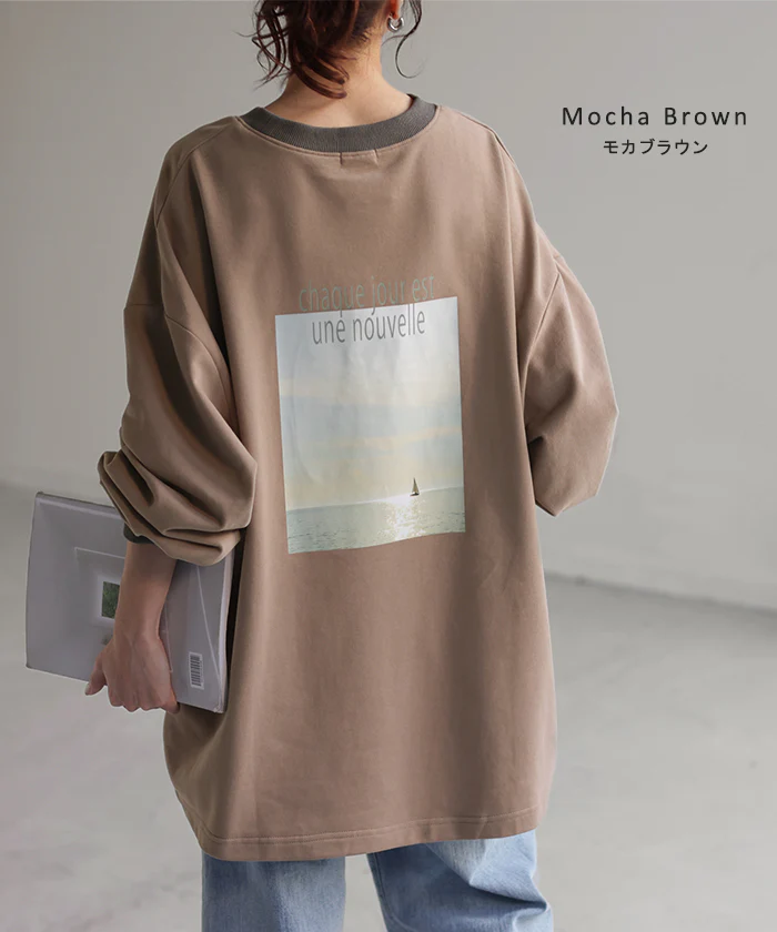 ロンT プリント レディース カットソー Tシャツ ■一部7月上旬入荷 プリント 長袖 厚手 ロング ロゴ ロゴT バックプリント チュニック 大きいサイズ きれいめ ゆる トップス Uネック 長い オーバーサイズ 体型カバー アート バック お尻が隠れる 白 春 夏 HUG.U - Image 12