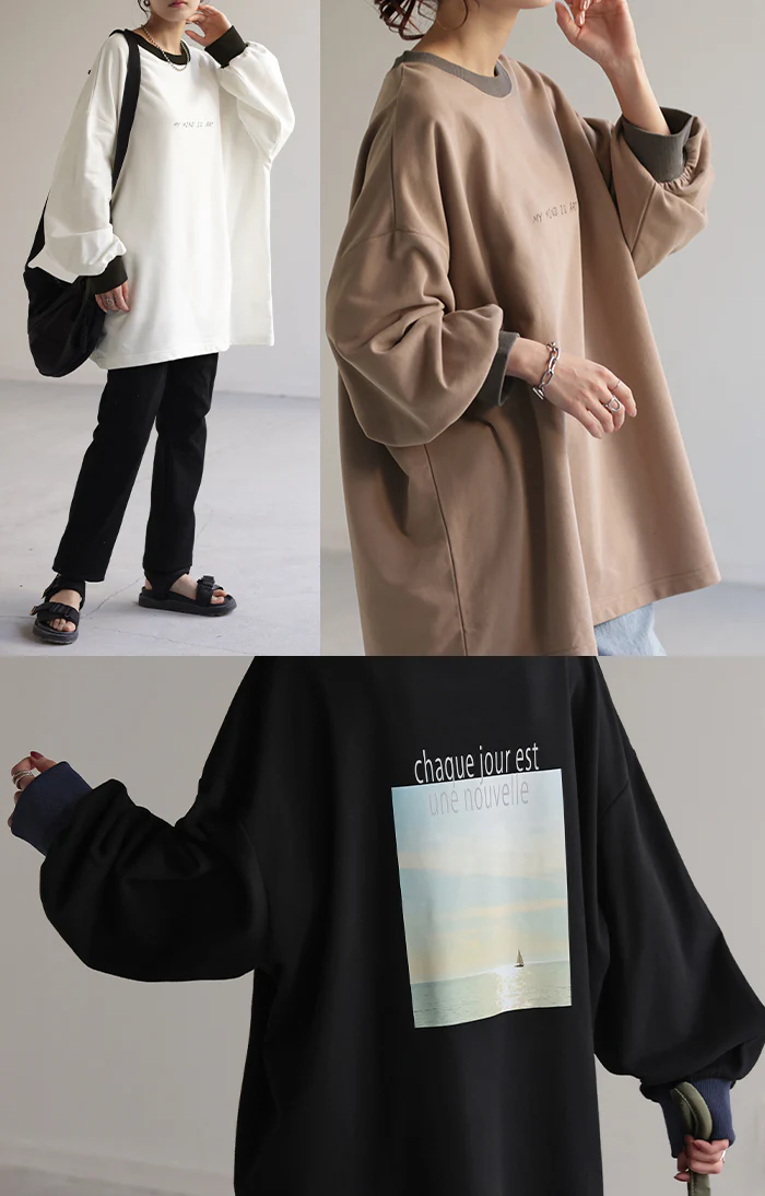 ロンT プリント レディース カットソー Tシャツ ■一部7月上旬入荷 プリント 長袖 厚手 ロング ロゴ ロゴT バックプリント チュニック 大きいサイズ きれいめ ゆる トップス Uネック 長い オーバーサイズ 体型カバー アート バック お尻が隠れる 白 春 夏 HUG.U - Image 17