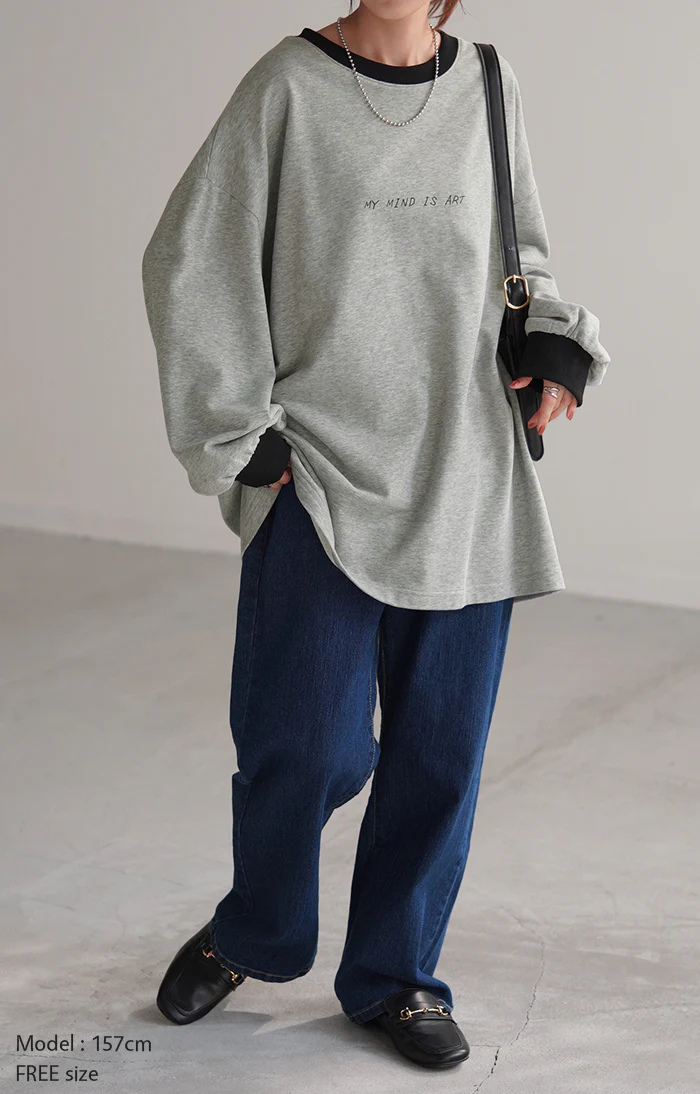 ロンT プリント レディース カットソー Tシャツ ■一部7月上旬入荷 プリント 長袖 厚手 ロング ロゴ ロゴT バックプリント チュニック 大きいサイズ きれいめ ゆる トップス Uネック 長い オーバーサイズ 体型カバー アート バック お尻が隠れる 白 春 夏 HUG.U - Image 3
