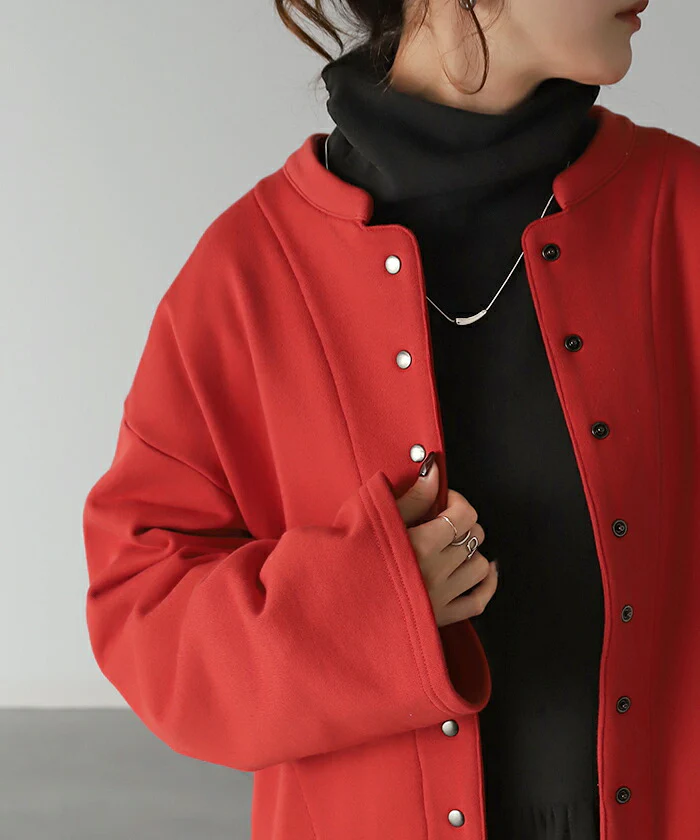 ゆるっと カーデ 感覚。「ワイド袖。」 スエット ■一部7月中旬入荷 カーディガン レディース トップス クルーネック 長袖 ライトアウター レイヤード 丸首 スナップボタン 羽織 チュニック お尻が隠れる ゆったり 大人 長め コクーン 体型カバー 黒 赤 春 夏 HUG.U - Image 18
