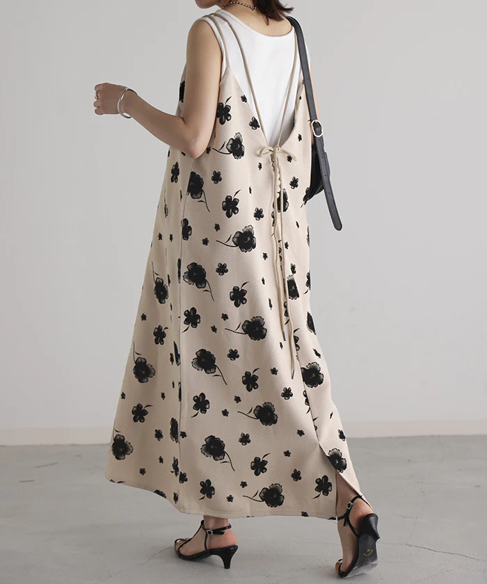 【夏セール】 ワンピース キャミワンピース 花柄 ロング ■一部7月中旬入荷 ツイード レディース キャミワンピ ロングワンピース キャミ 上品 マキシワンピース シワになりにくい レイヤード ワンピ 花柄 マキシ レイヤード きれいめ Aライン 大きいサイズ 白 ベージュ 春 夏 HUG.U - Image 5