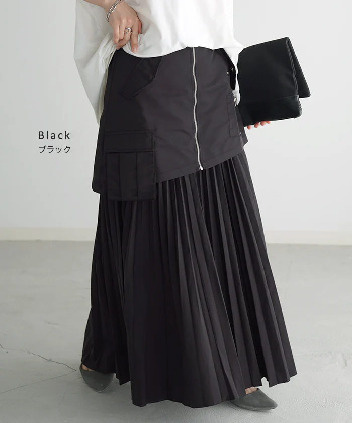 【夏セール】 スカート 2点セット プリーツ プリーツスカート レディース ロングスカート ロング ラップスカート マキシ マキシスカート フレアスカート ゴム Aライン レイヤード 重ね着 体型カバー 大きいサイズゴム きれいめ 黒 ブラック カーキ 春 夏 HUG.U - Image 12
