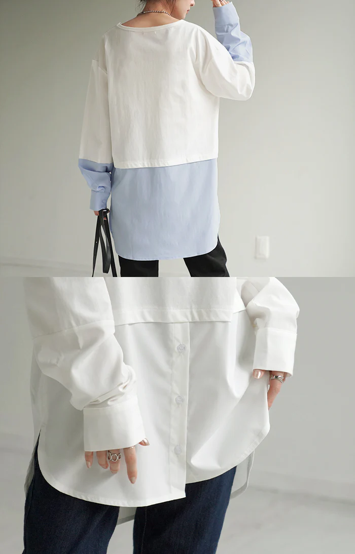 シャツ カットソー レイヤード Tシャツ レディース ロンT レイヤード風 トップス ロング ロングシャツ ブラウス フェイクシャツ レイヤードシャツ チュニック 長袖 インナー 付け裾 重ね着 クルーネック つけ裾 大きいサイズ 丸首 白 黒 春 夏 HUG.U メール便 - Image 16