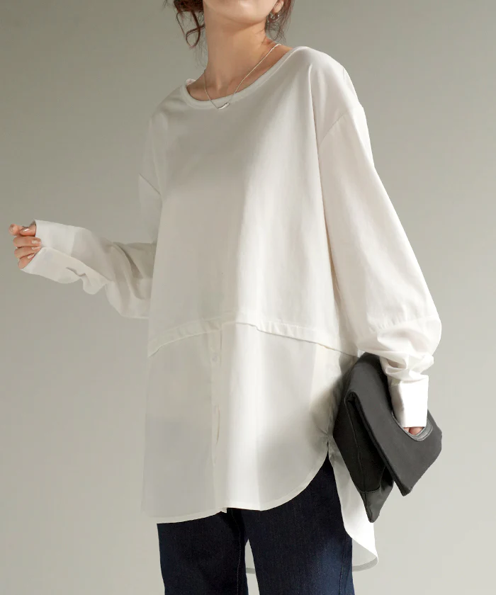 シャツ カットソー レイヤード Tシャツ レディース ロンT レイヤード風 トップス ロング ロングシャツ ブラウス フェイクシャツ レイヤードシャツ チュニック 長袖 インナー 付け裾 重ね着 クルーネック つけ裾 大きいサイズ 丸首 白 黒 春 夏 HUG.U メール便 - Image 19