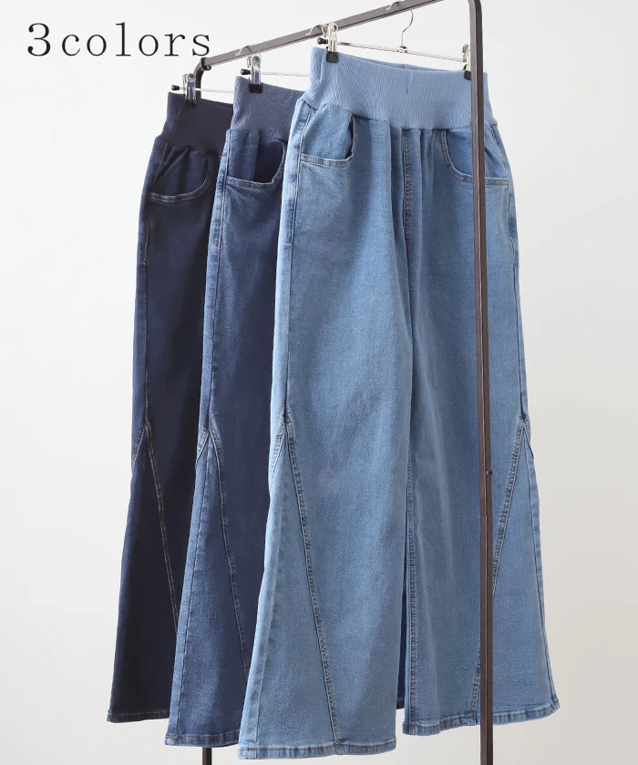 デニム 激のび ワイド パンツ レディース デニムパンツ ワイドパンツ バギーパンツ ジーンズ ジーパン ボトム 体型カバー ボトムス ハイウエスト ズボン ゴム ストレッチ ベイカーパンツ フレアパンツ 小さい 大きいサイズ 楽ちん リブ 春 夏 HUG.U - Image 11