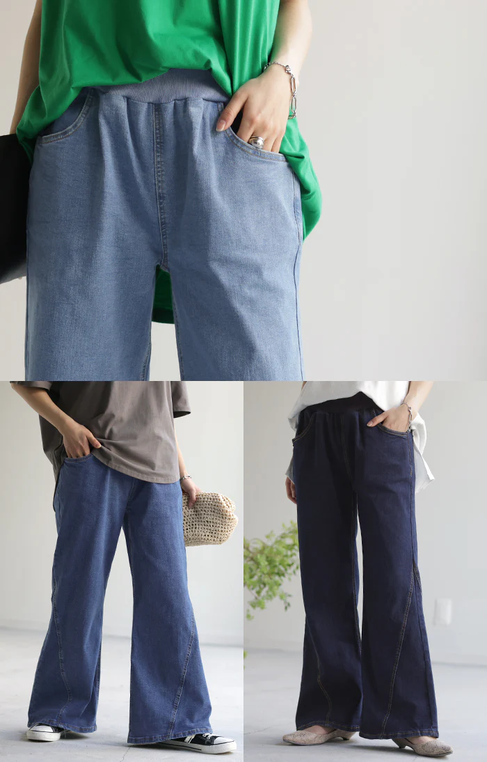 デニム 激のび ワイド パンツ レディース デニムパンツ ワイドパンツ バギーパンツ ジーンズ ジーパン ボトム 体型カバー ボトムス ハイウエスト ズボン ゴム ストレッチ ベイカーパンツ フレアパンツ 小さい 大きいサイズ 楽ちん リブ 春 夏 HUG.U - Image 22