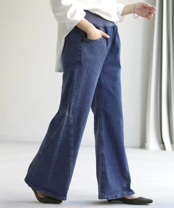 デニム 激のび ワイド パンツ レディース デニムパンツ ワイドパンツ バギーパンツ ジーンズ ジーパン ボトム 体型カバー ボトムス ハイウエスト ズボン ゴム ストレッチ ベイカーパンツ フレアパンツ 小さい 大きいサイズ 楽ちん リブ 春 夏 HUG.U - Image 26