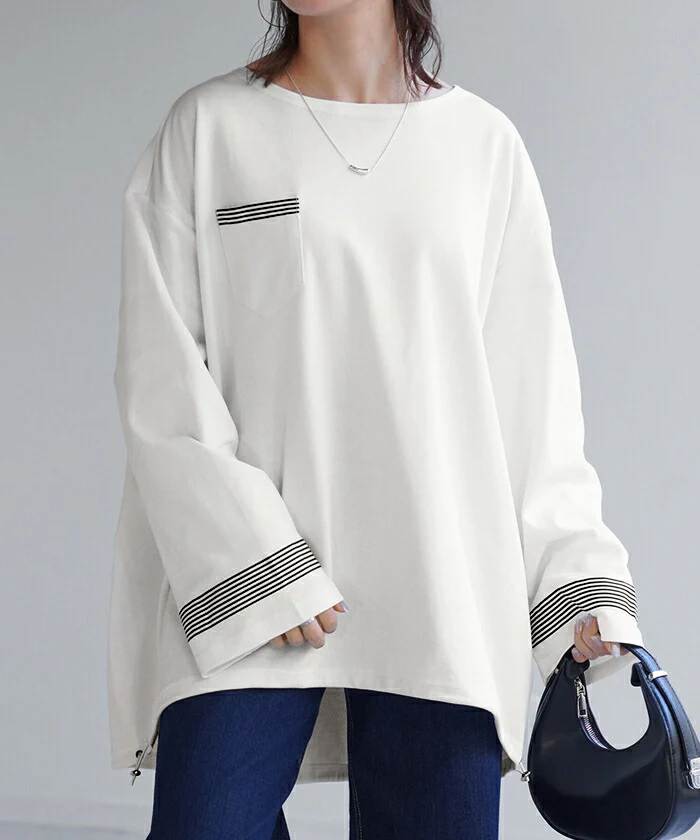 ロンT ボーダー ライン レディース ドロスト カットソー ティーシャツ 無地 長袖 Tシャツ ロング チュニック ビッグ スポーティー 大きいサイズ 変形シルエット シャーリング ゆる トップス 長い 体型カバー 大人 お洒落 お尻が隠れる 白 春 夏 HUG.U - Image 5