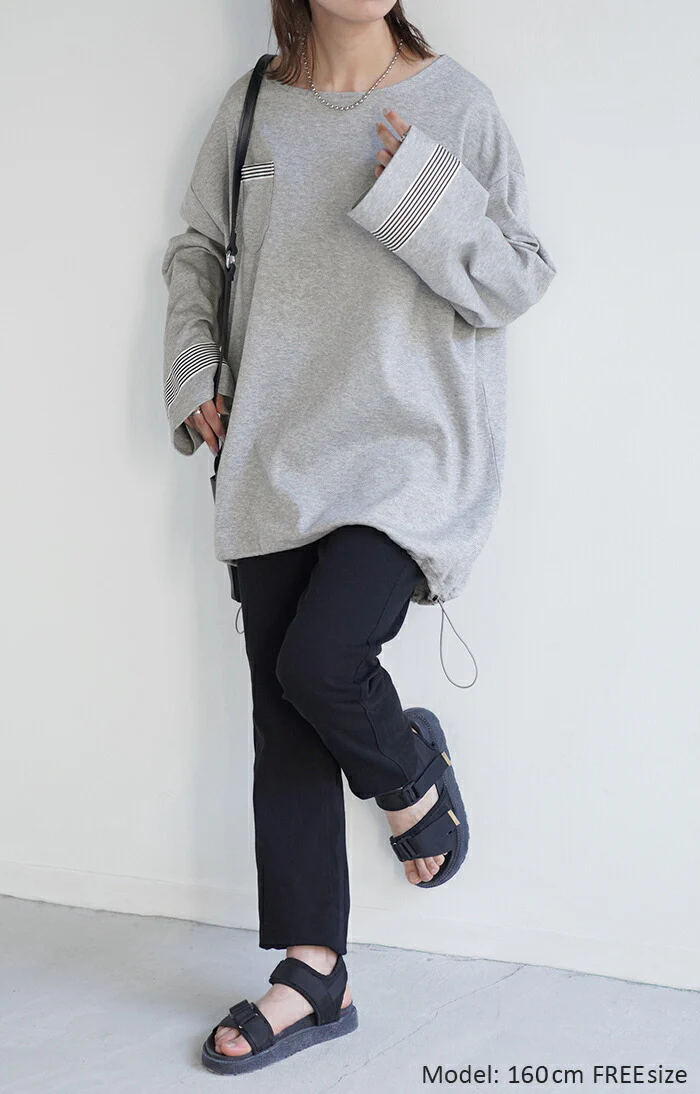 ロンT ボーダー ライン レディース ドロスト カットソー ティーシャツ 無地 長袖 Tシャツ ロング チュニック ビッグ スポーティー 大きいサイズ 変形シルエット シャーリング ゆる トップス 長い 体型カバー 大人 お洒落 お尻が隠れる 白 春 夏 HUG.U - Image 6