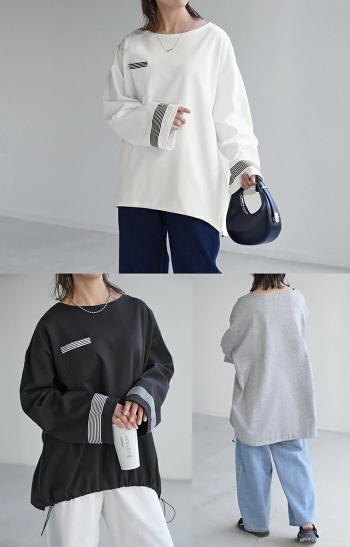ロンT ボーダー ライン レディース ドロスト カットソー ティーシャツ 無地 長袖 Tシャツ ロング チュニック ビッグ スポーティー 大きいサイズ 変形シルエット シャーリング ゆる トップス 長い 体型カバー 大人 お洒落 お尻が隠れる 白 春 夏 HUG.U - Image 8