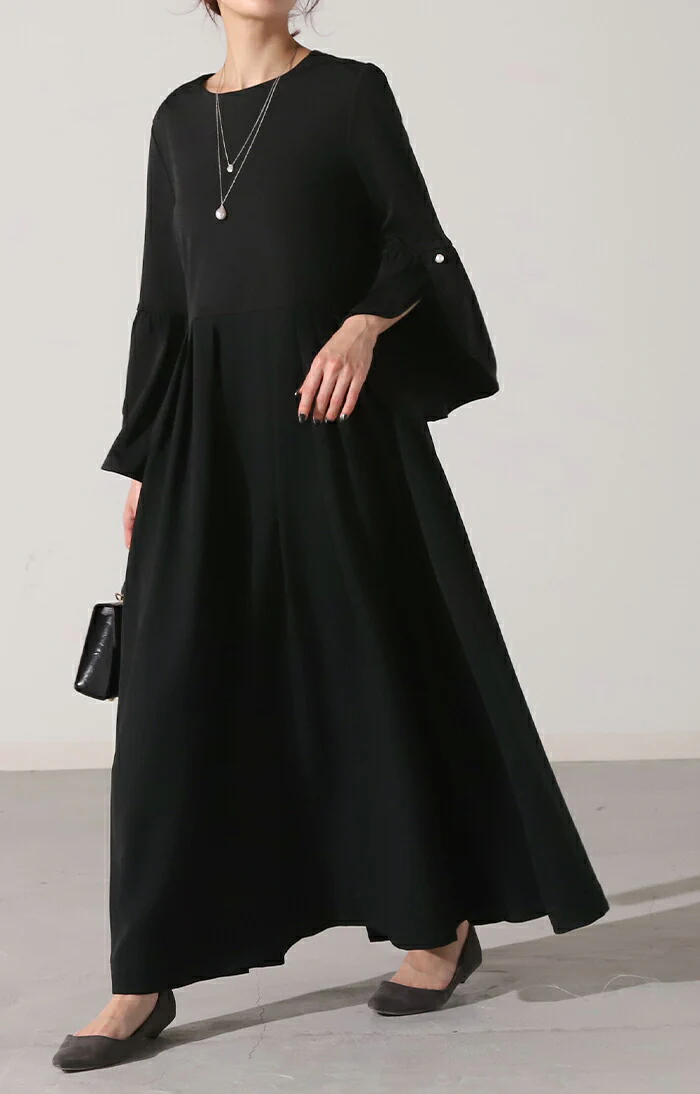 【特別価格】 ワンピース パール ドレス フレア袖 袖あり 結婚式 母親 親族 オケージョン ロングワンピース ロング ワンピ レディース Aライン 長袖 パーティー きれいめ 無地 フォーマル パーティードレス 二次会 演奏会 伸縮 薄手 グリーン 黒 春 夏 HUG.U - Image 18