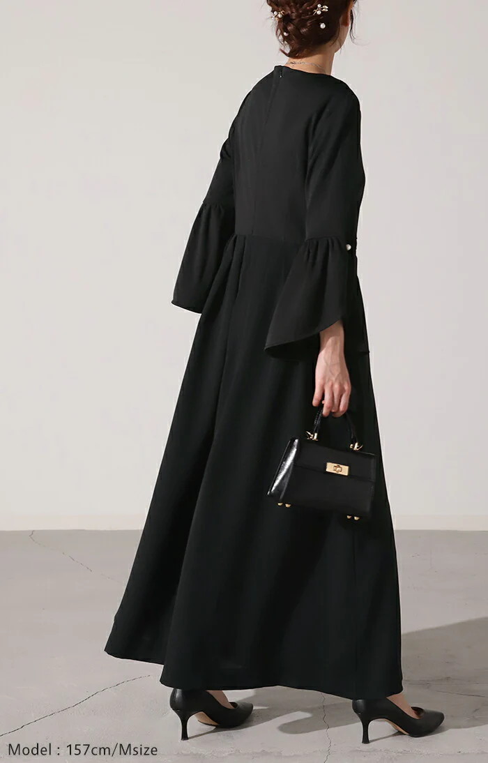 【特別価格】 ワンピース パール ドレス フレア袖 袖あり 結婚式 母親 親族 オケージョン ロングワンピース ロング ワンピ レディース Aライン 長袖 パーティー きれいめ 無地 フォーマル パーティードレス 二次会 演奏会 伸縮 薄手 グリーン 黒 春 夏 HUG.U - Image 8