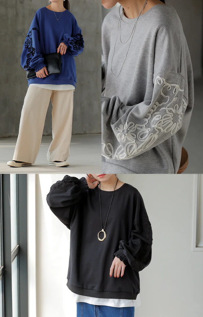 スウェット コード刺繍 レディース トップス チュニック ロング トレーナー オーバー プルオーバー 長袖 長い ドルマン クルーネック ボリュームスリーブ リブ オーバーサイズ ゆったり 体型カバー 大きいサイズ お尻が隠れる 黒 ブルー 秋 冬 HUG.U - Image 22