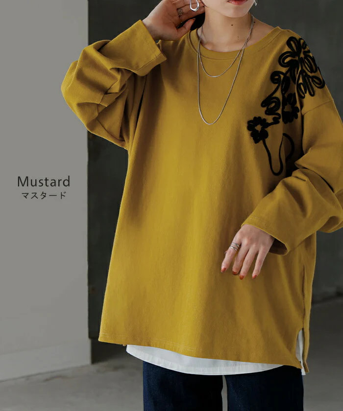 ロンT コード刺繍 レディース トップス 長袖 Tシャツ カットソー ロング ティーシャツ チュニック ビッグ プラスサイズ クルーネック 長い ドルマン ドルマンスリーブ ゆったり 体型カバー お尻が隠れる 大きいサイズ グレー 黒 秋 冬 HUG.U - Image 12