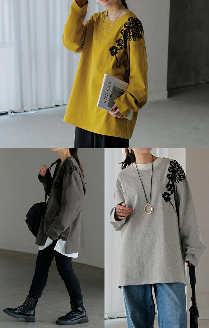 ロンT コード刺繍 レディース トップス 長袖 Tシャツ カットソー ロング ティーシャツ チュニック ビッグ プラスサイズ クルーネック 長い ドルマン ドルマンスリーブ ゆったり 体型カバー お尻が隠れる 大きいサイズ グレー 黒 秋 冬 HUG.U - Image 18