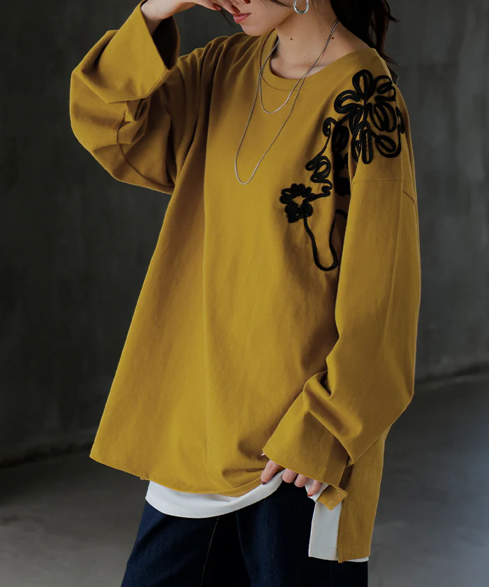 ロンT コード刺繍 レディース トップス 長袖 Tシャツ カットソー ロング ティーシャツ チュニック ビッグ プラスサイズ クルーネック 長い ドルマン ドルマンスリーブ ゆったり 体型カバー お尻が隠れる 大きいサイズ グレー 黒 秋 冬 HUG.U - Image 26
