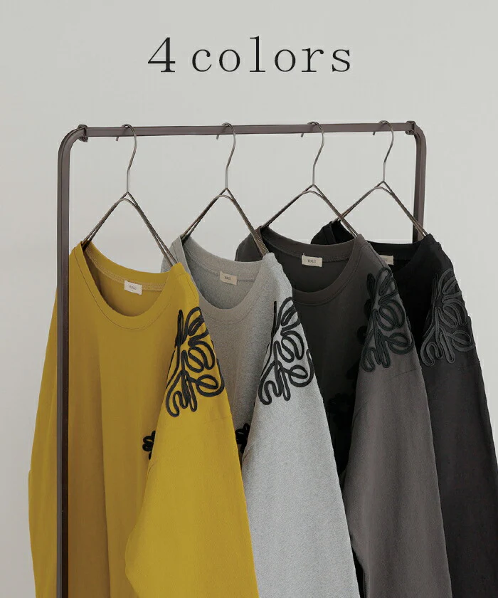 ロンT コード刺繍 レディース トップス 長袖 Tシャツ カットソー ロング ティーシャツ チュニック ビッグ プラスサイズ クルーネック 長い ドルマン ドルマンスリーブ ゆったり 体型カバー お尻が隠れる 大きいサイズ グレー 黒 秋 冬 HUG.U - Image 6