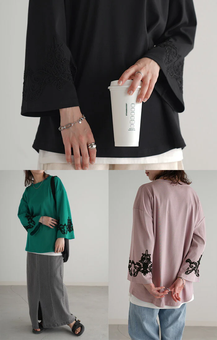 ロンT コード 刺繍 レディース カットソー ティーシャツ 無地 長袖 Tシャツ ロング チュニック ビッグ ドルマン 大きいサイズ きれいめ ルーズ トップス フレア コード刺? Uネック 長い 体型カバー 大人 お洒落 お尻が隠れる グリーン 黒 春 夏 HUG.U メール便 - Image 10