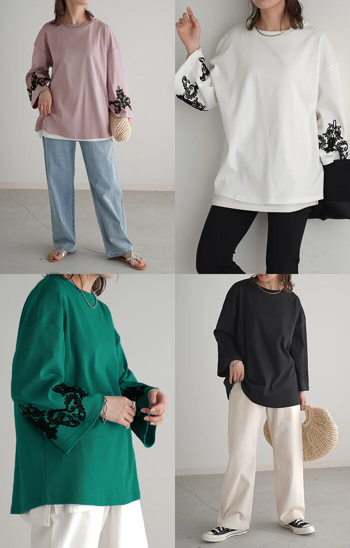 ロンT コード 刺繍 レディース カットソー ティーシャツ 無地 長袖 Tシャツ ロング チュニック ビッグ ドルマン 大きいサイズ きれいめ ルーズ トップス フレア コード刺? Uネック 長い 体型カバー 大人 お洒落 お尻が隠れる グリーン 黒 春 夏 HUG.U メール便 - Image 15