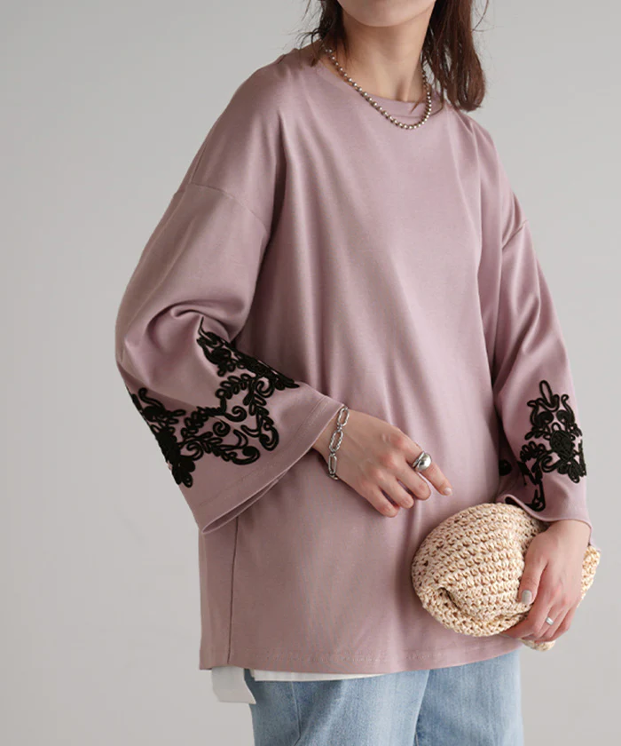 ロンT コード 刺繍 レディース カットソー ティーシャツ 無地 長袖 Tシャツ ロング チュニック ビッグ ドルマン 大きいサイズ きれいめ ルーズ トップス フレア コード刺? Uネック 長い 体型カバー 大人 お洒落 お尻が隠れる グリーン 黒 春 夏 HUG.U メール便 - Image 19