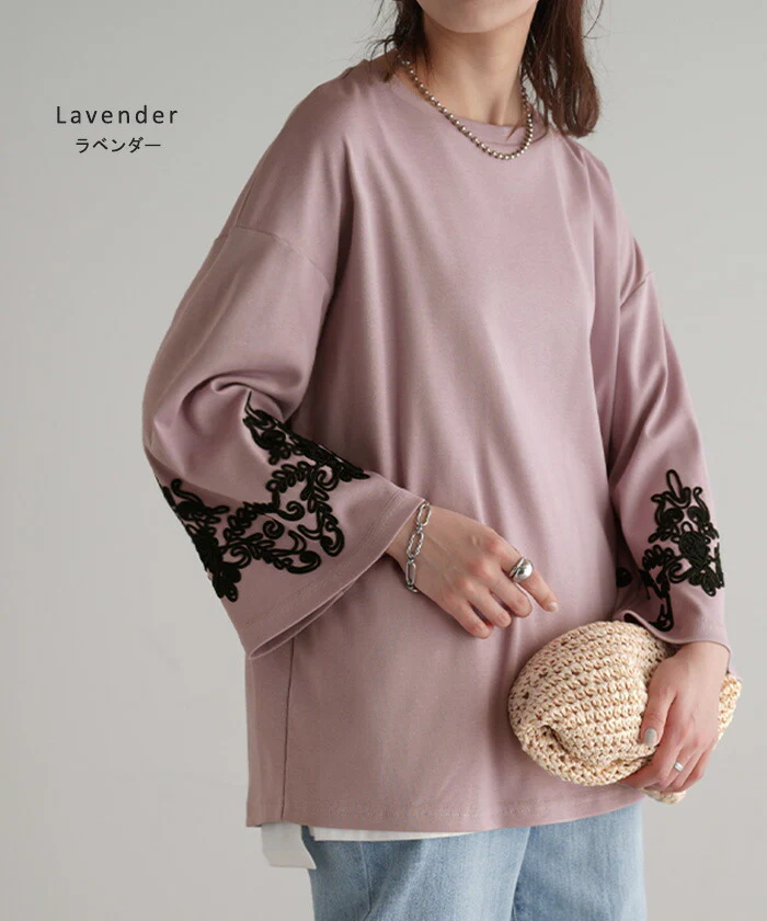 ロンT コード 刺繍 レディース カットソー ティーシャツ 無地 長袖 Tシャツ ロング チュニック ビッグ ドルマン 大きいサイズ きれいめ ルーズ トップス フレア コード刺? Uネック 長い 体型カバー 大人 お洒落 お尻が隠れる グリーン 黒 春 夏 HUG.U メール便 - Image 2