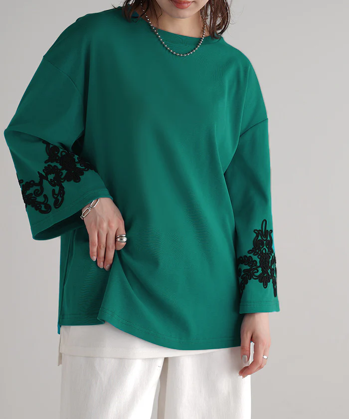 ロンT コード 刺繍 レディース カットソー ティーシャツ 無地 長袖 Tシャツ ロング チュニック ビッグ ドルマン 大きいサイズ きれいめ ルーズ トップス フレア コード刺? Uネック 長い 体型カバー 大人 お洒落 お尻が隠れる グリーン 黒 春 夏 HUG.U メール便 - Image 20