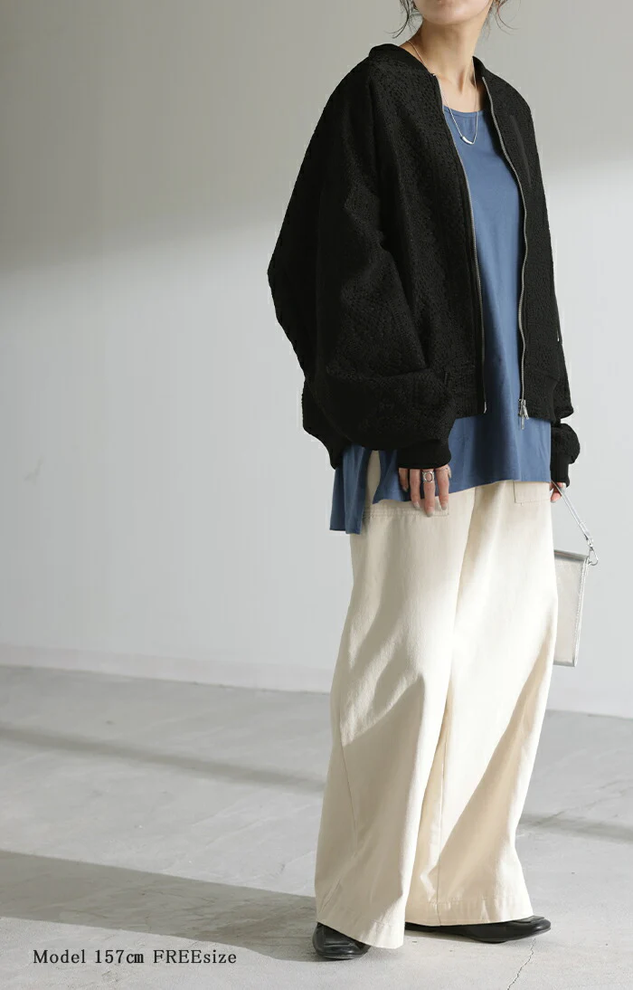ブルゾン レース 甘辛MIX レディース アウター ジャンパー MA-1 ライトアウター 羽織 ドルマン 体型カバー ゆったり きれいめ 長袖 ロング ノーカラー 軽い 大きいサイズ オフィスカジュアル 大人 MA1 上品 お洒落 春 夏 白 黒 HUG.U - Image 6