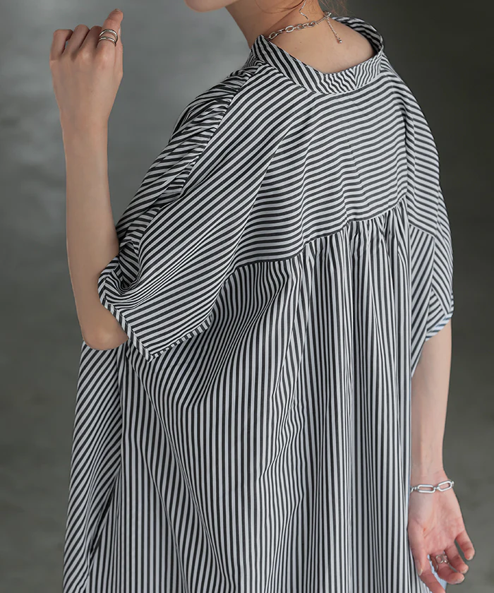 【夏セール】 ワンピ シャツ シワになりにくい ワンピース ■一部7月上旬入荷 シャツワンピ シャツワンピース ワンピース バックシャン ストライプ レディース ロング フレア ロングワンピース ギャザー Aライン マキシ 長袖 前開き 切り替え グリーン 青 黒 春 夏 HUG.U - Image 27