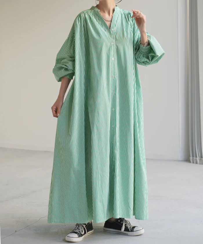 【夏セール】 ワンピ シャツ シワになりにくい ワンピース ■一部7月上旬入荷 シャツワンピ シャツワンピース ワンピース バックシャン ストライプ レディース ロング フレア ロングワンピース ギャザー Aライン マキシ 長袖 前開き 切り替え グリーン 青 黒 春 夏 HUG.U - Image 32
