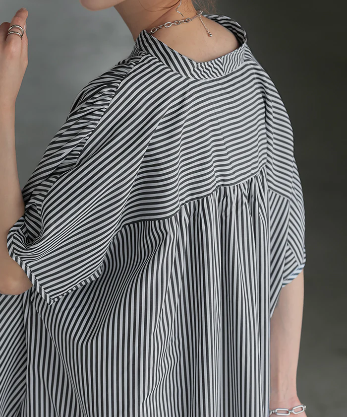 【夏セール】 ワンピ シャツ シワになりにくい ワンピース ■一部7月上旬入荷 シャツワンピ シャツワンピース ワンピース バックシャン ストライプ レディース ロング フレア ロングワンピース ギャザー Aライン マキシ 長袖 前開き 切り替え グリーン 青 黒 春 夏 HUG.U - Image 6