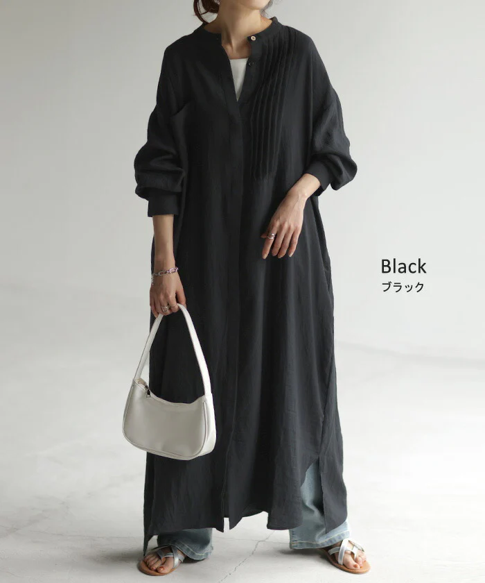 ワンピース ロング 麻混 ナチュラル シャツ ■一部7月上旬入荷 シャツワンピース ワンピ レディース ロングワンピース ロングワンピ マキシ マキシワンピース シャツワンピ Aライン ノーカラ― バンドカラー 長袖 無地 大きいサイズ ゆったり 体型カバー 黒 春 夏 HUG.U - Image 12