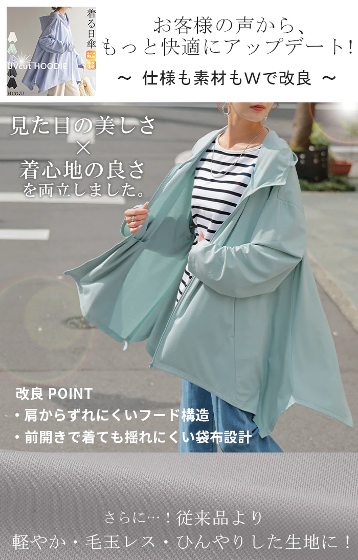 パーカー 接触冷感 UVカット 変形 カーディガン カーデ ポンチョ 薄手 レディース トップス チュニック 紫外線対策 海 自転車 アウトドア ロング 長袖 ケープ フーディー ライトアウター 長い お尻が隠れる 体型カバー 大きいサイズ 黒 白 春 夏 HUG.U - Image 2