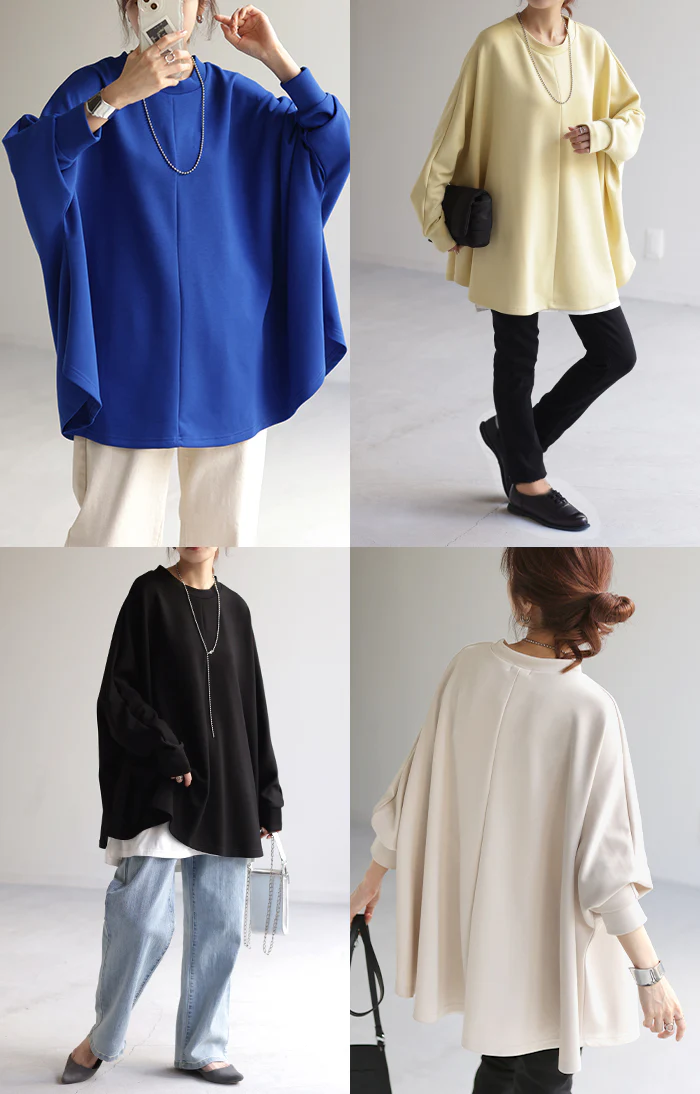 ロンT 体型カバー ドルマン トップス 二の腕カバー レディース カットソー 長袖 Tシャツ ロング チュニック ロンティー ビッグ プラスサイズ 大きいサイズ 長い ゆったり 変形 シルエット お尻が隠れる ストレッチ 黒 ブルー イエロー 春 夏 HUG.U - Image 21