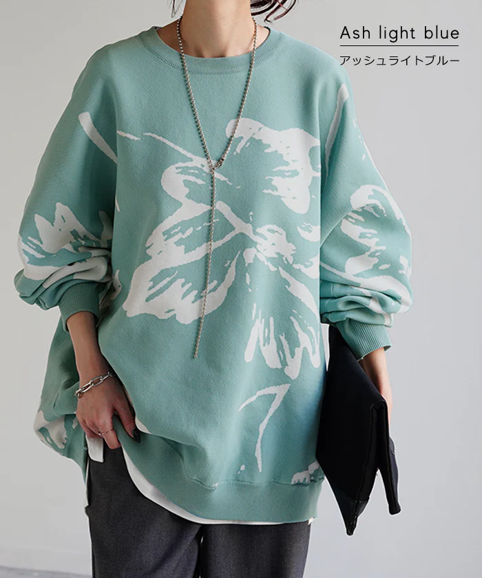ニット 花柄 スポンジニット 体型カバー レディース プルオーバー セーター トレーナー トップス 軽い スポンジ 長袖 丸首 ライトニット レイヤード モチーフ チュニック お尻が隠れる ゆったり 長め ラグラン リブ ブルー 黒 春 夏 HUG.U - Image 14